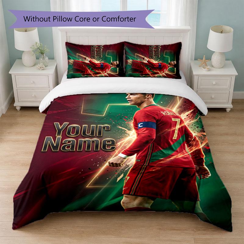 Set Biancheria da Letto Personalizzato Cristiano Ronaldo con Nome Testo 1 Copripiumino+2 Federe Logo Calcio Regalo Personalizzato per Occasione Speciale Arredamento Camera da Letto
