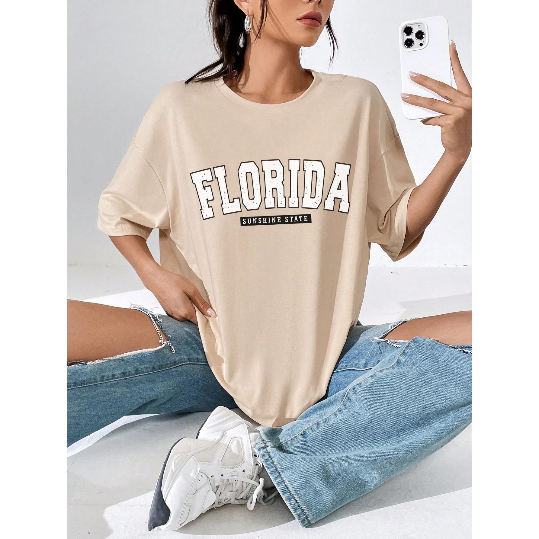

Футболки с классическим буквенным узором Florida Sunshine State USA City для женщин, свободная одежда больших размеров, 100% хлопок, уличная футболка 3XL