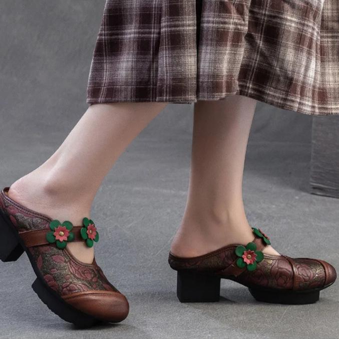 Johnature Ethnic Style Thick Heel Round Toe Outdoor Slippers Retro Printed Genuine Leather Women's Shoes
