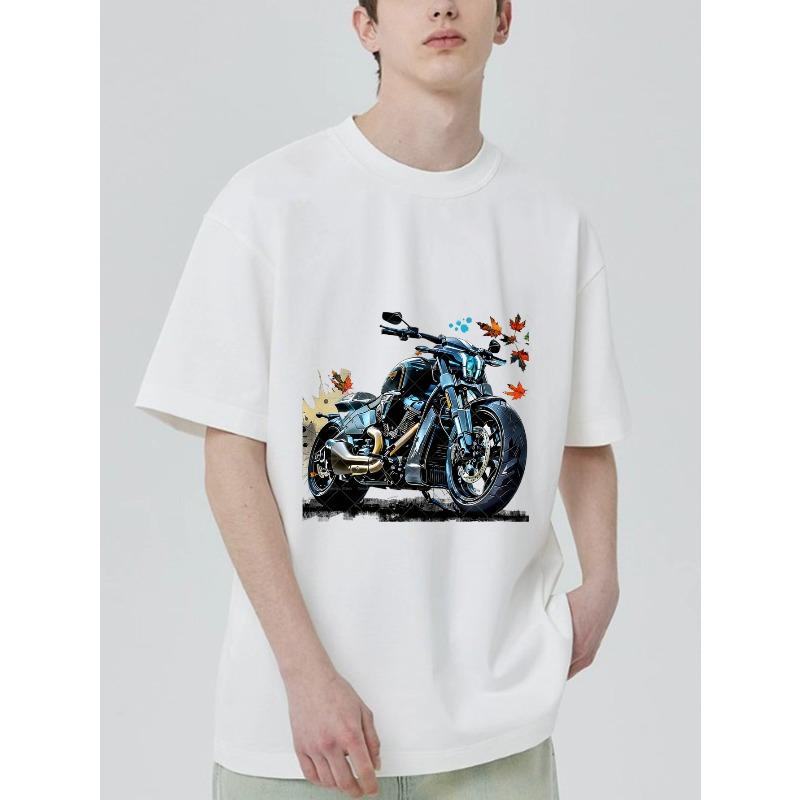 Motorcycle T Shirt Black Blue Motorcycle with Autumn Leaves Print for Casual Wear