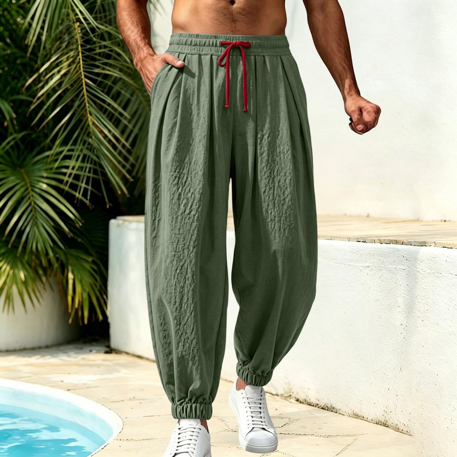 Men s Casual Pants Color Cotton Linen Drawstring Trousers for Everyday Relaxed Wear XXL