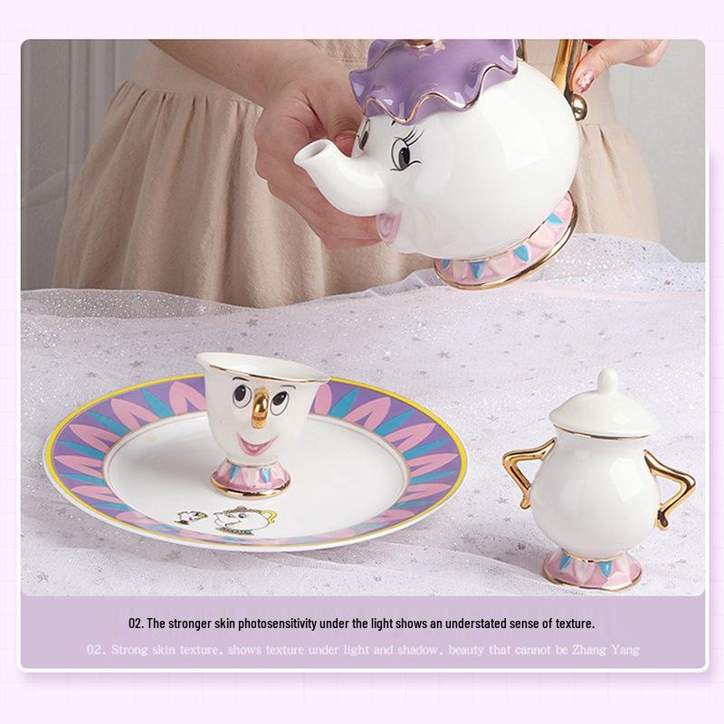European Beauty and the Beast Ceramic Tea Set: Mrs. Potts Teapot and Chip Mug, Large Capacity.