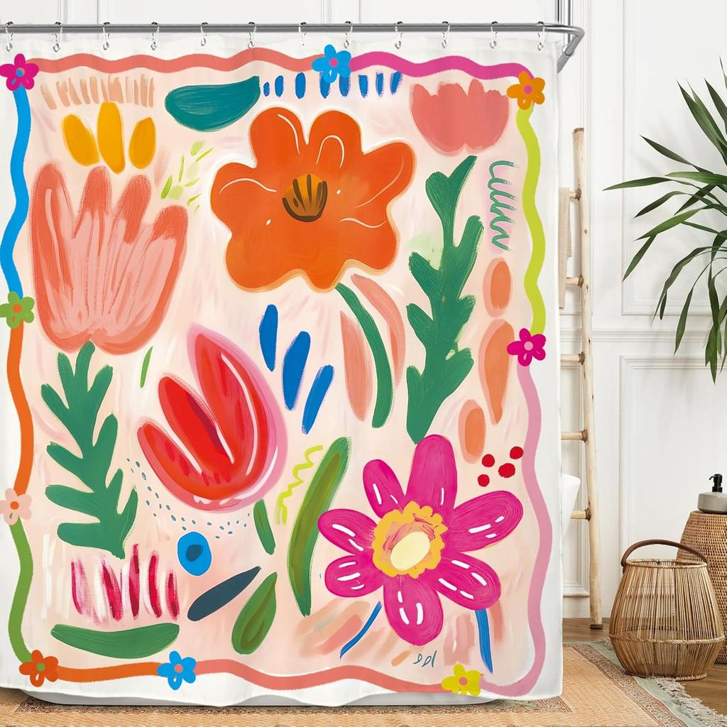 Colorful Flower Blossom Vintage Shower Curtain Set 60Wx71H Inches Art Oil Painting Retro Botanical Polyester Waterproof