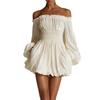 2026 European and American Women's Clothing One-word Shoulder Pleats Waist Thin Long-sleeved Dress Women
