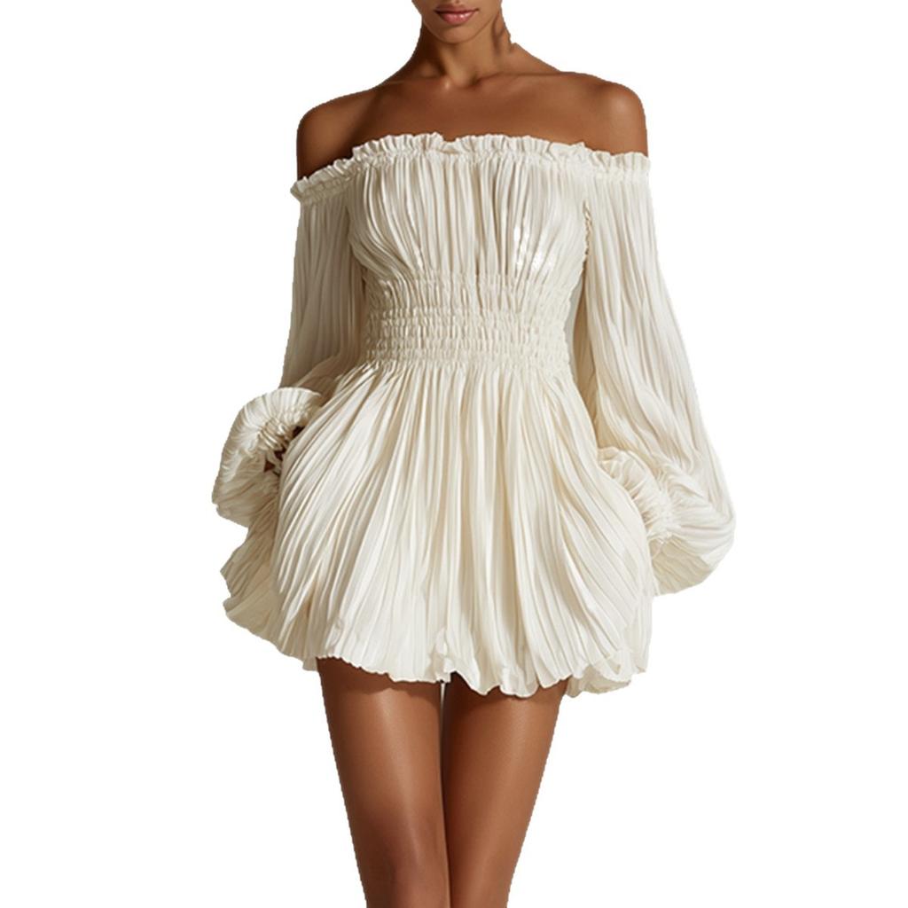 2026 European and American Women's Clothing One-word Shoulder Pleats Waist Thin Long-sleeved Dress Women