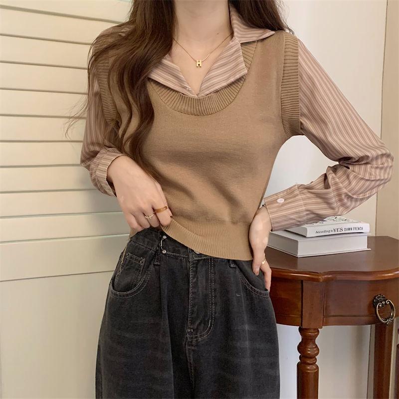 

Neck knitted bottoming shirt top women s design sense fake two pieces spring and autumn with short knitted sweater one size fits all хакі