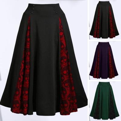 Women Halloween Skirt High Waist Vintage Vampires Cosplay Medieval Skull Print A-line Loose Hem Lace Up Adjustable Waist Lace Patchwork Midi Skirt