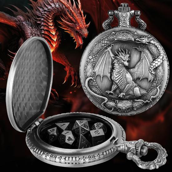 Metal Dice Set with Dragon Pocket Watch Case 7 Dices Portable Vintage Multi-side Game Dice Family Night Party Board Game
