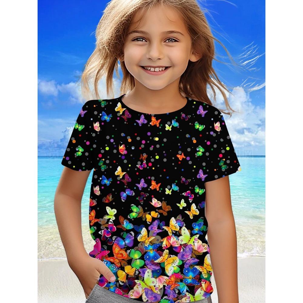 Children's Clothing, Women's Clothing, Summer Short Sleeved Kawaii Butterfly Printed Girls' T-shirt, Fashionable Round Neck Children's Clothing