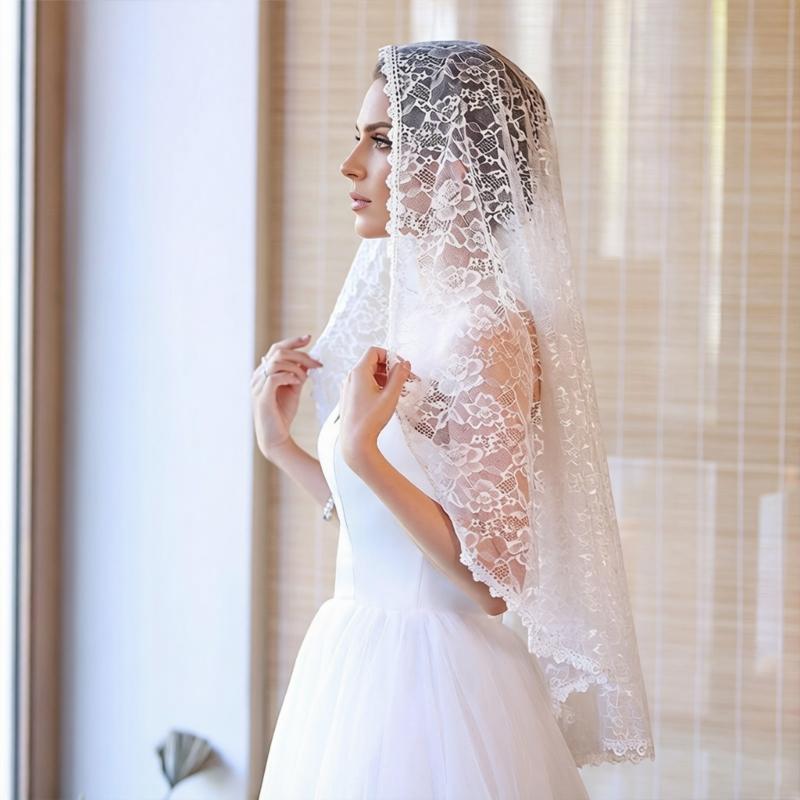 Elegant Lace Bridal Veils With Embroidery Flower Tulle Mantilla Women Church Shawl Wrap For Wedding And Special Occasion