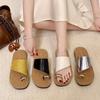 Metal buckle set of toe slippers flip-flops women's 2025 summer new niche flat-bottomed toe sandals soft-soled beach sandals