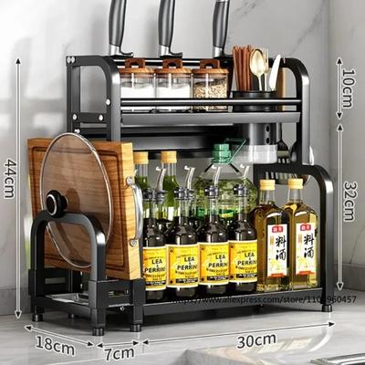 Dual-Layer Kitchen Organizer Rack: Stainless Steel Seasoning and Knife Storage Solution