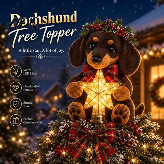 Cute Puppy Ornament Dog Christmas Tree Topper with Light Warm LED Star Plush Decoration Universal Base for Pet Lover Unique