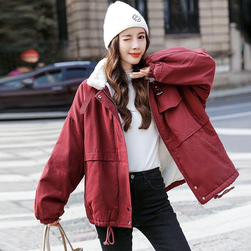 Autumn Winter Versatile Lamb Wool Fleece Lined Thickened Contrast Color Panel Cargo Jacket Women's Thickened Jacket