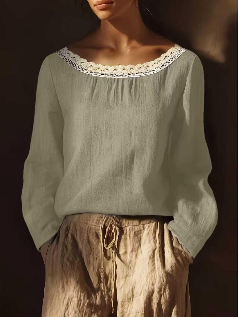 2026 European American Spring-Summer Solid Color Round Neck Lace Long Sleeve Women's Shirt