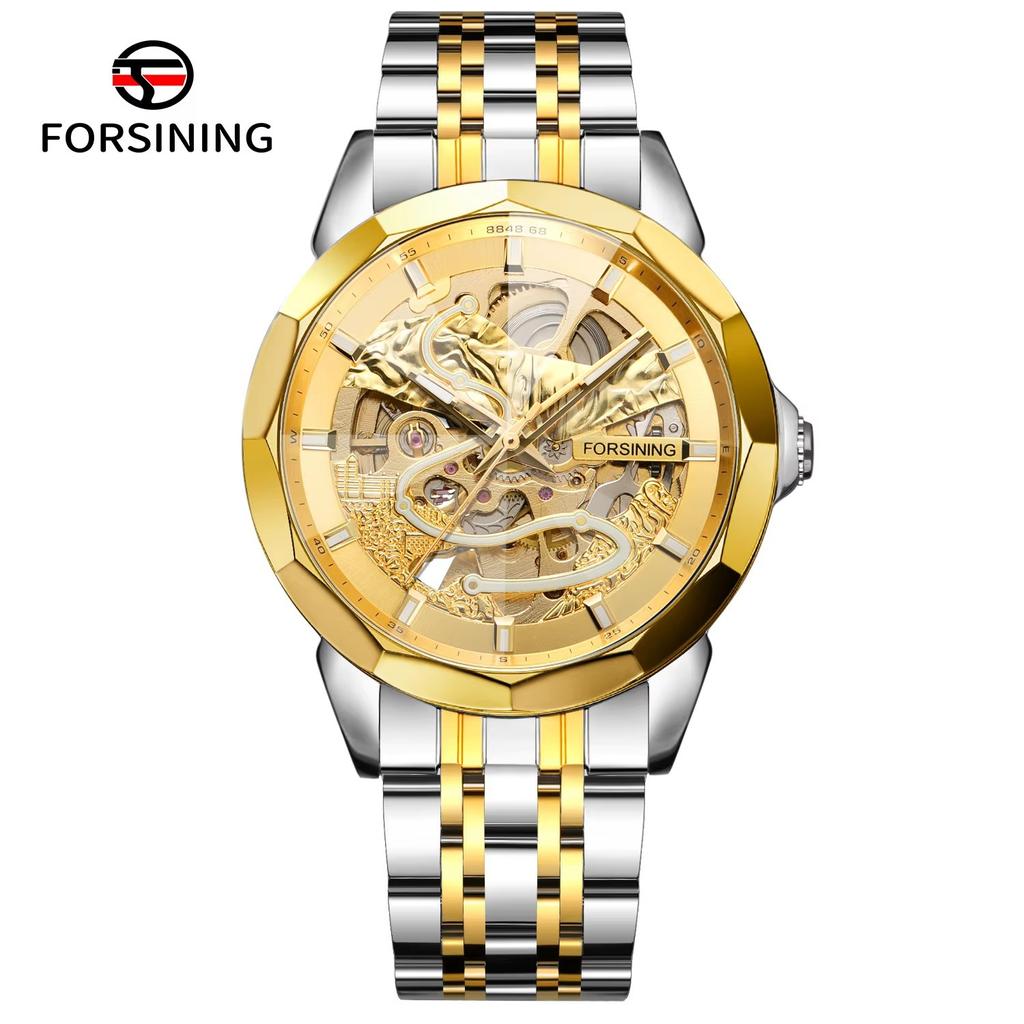 FORSINING Original Gold Skeleton Mechanical Man Watch Automatic Movement Clock Luxury Stainless Steel Men's Watches