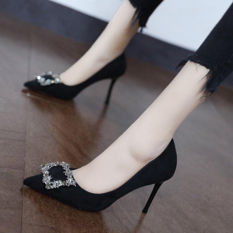spring autumn new Versatile Pointed Thin high heels Women Mid Heeled pumps Square Buckle Elegant black high heels Shoes Womens