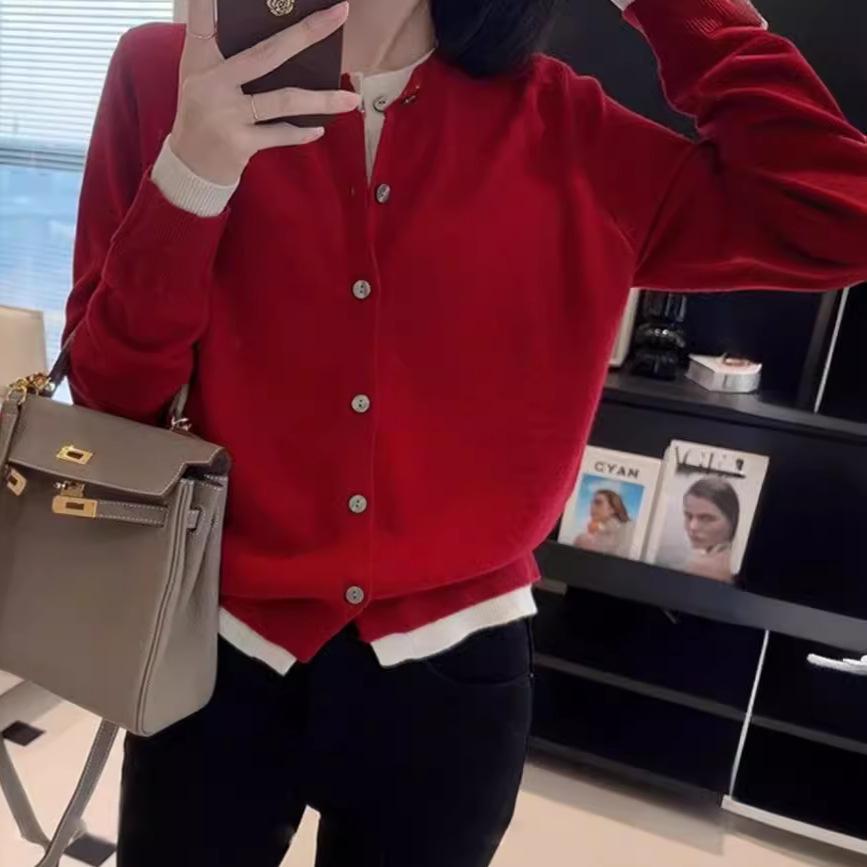 

Весенне-осенний тонкий нишевый вязаный свитер из двух частей с ложным швом для женщин, контрастного цвета, в стиле ретро, с круглым вырезом и длинными рукавами average size