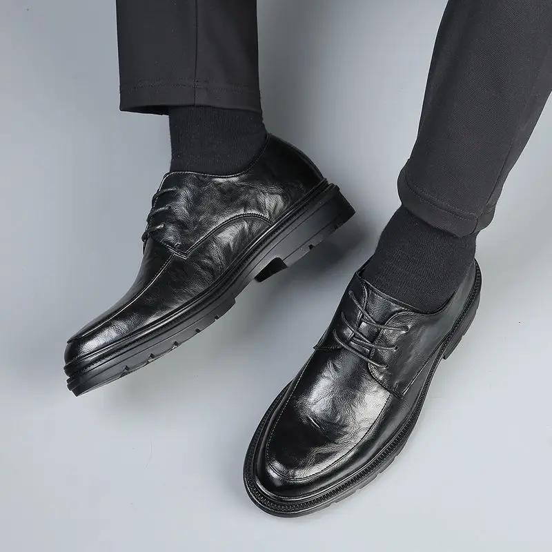 Fashion Bright Upper Man Casual Shoe Round Toe Low-Top Brogue Cowhide 2025 Trend Social Adults Summer Sale Elegant Leather Shoes for Men