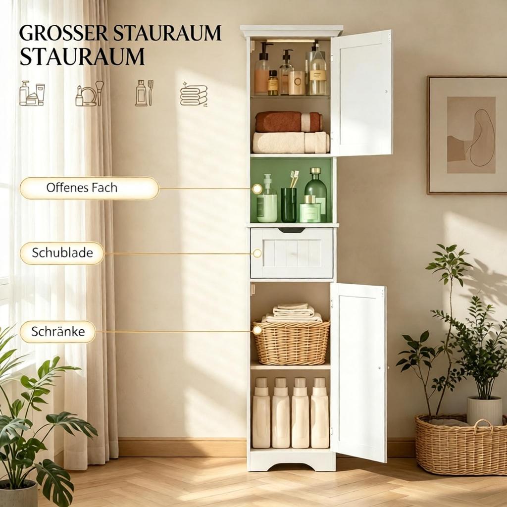 Bathroom column furniture with LED lighting, narrow bathroom storage cabinet with drawer and 2 doors, freestanding tall cabinet