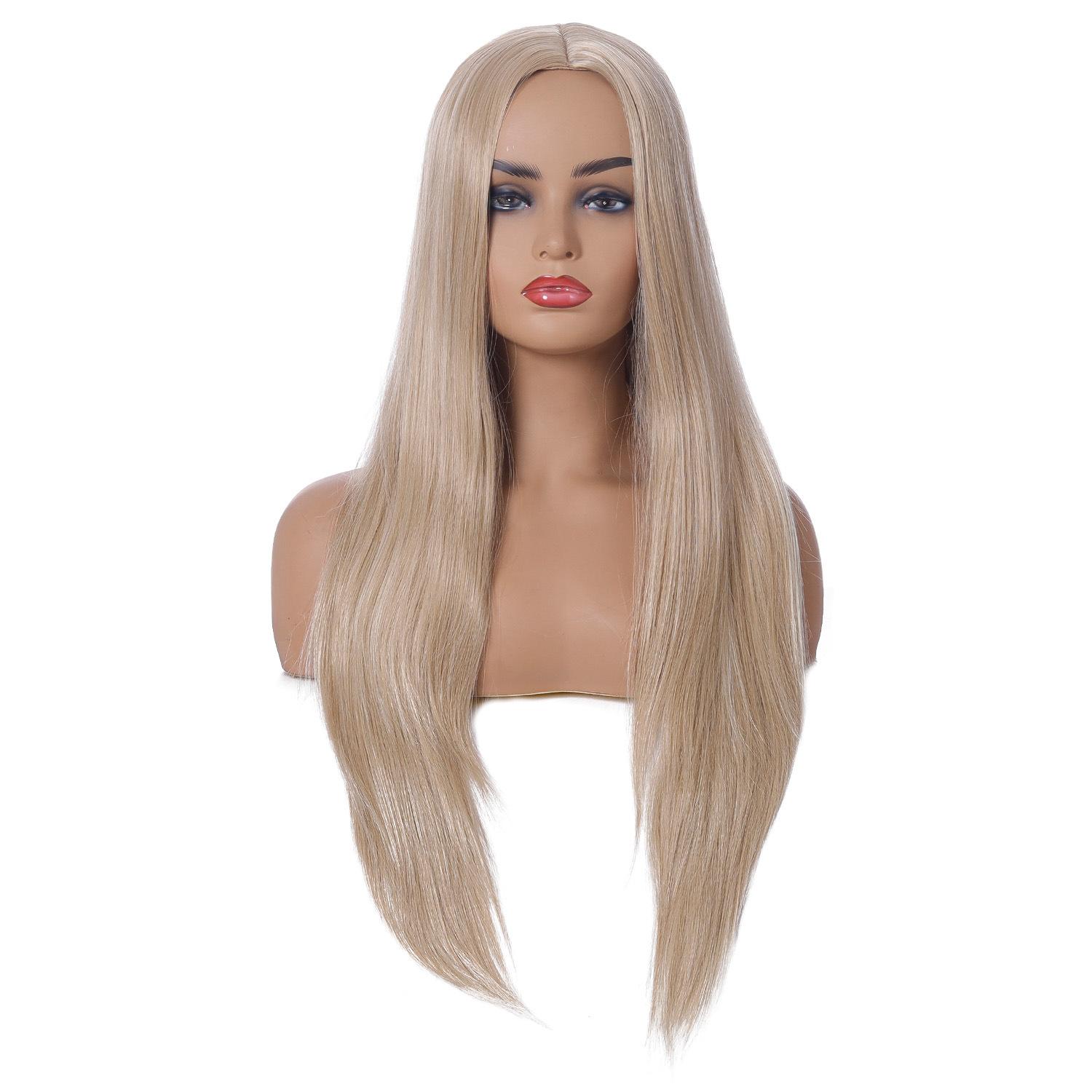 

Европейские и американские парики Светло-золотистые длинные прямые волосы со средним разрезом Женские длинные волосы, превращенные в женский головной убор парик