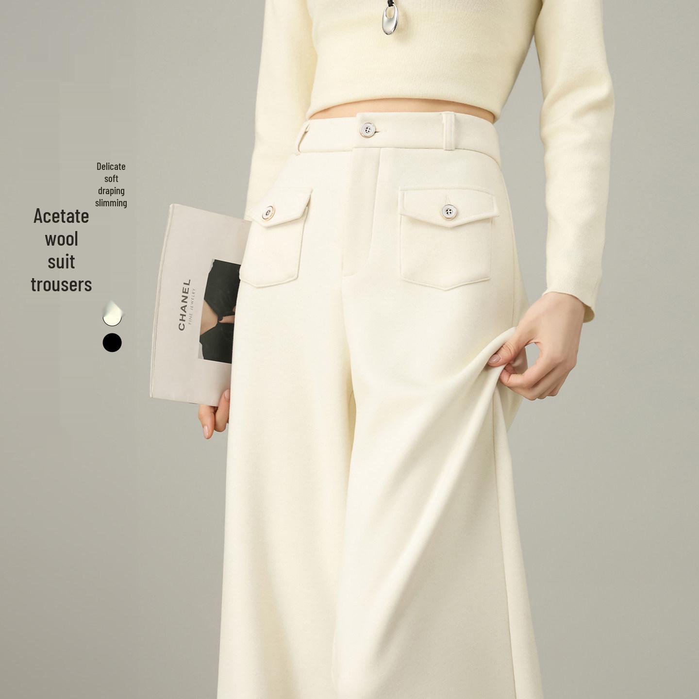 

Spring 2026 Women s White Wide-Leg High-Waisted Wool Trousers - Slim, Straight-Leg Casual Suit Pants XX-Large