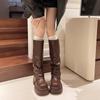 Fashion Knee High Belt Buckle Round Toe Thick Sole Platform Chunky Heels Women Boots Solid Color Slip on Ins Western Sexy Shoes