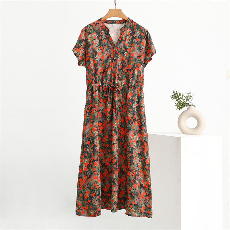 Breathable and Comfortable Summer Short-sleeved Thin Cotton Nightgowns Women's Tie Waist Loose Floral Casual Dresses