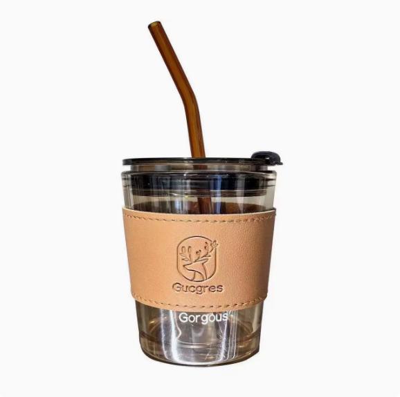 Tasse à café et à eau en verre isolant de haute qualité avec paille en bambou – Tasse de voyage portable et cadeau