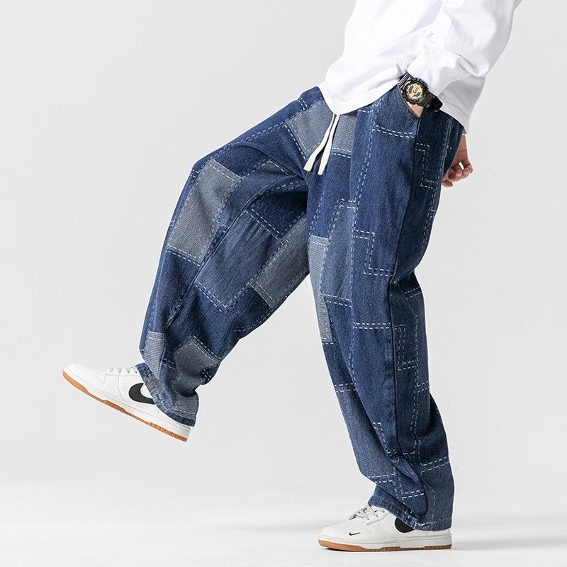 Autumn and Winter Large Size Japanese Retro Loose Wide-leg Straight Pants Plaid Patch Jeans Trendy Men's Trousers
