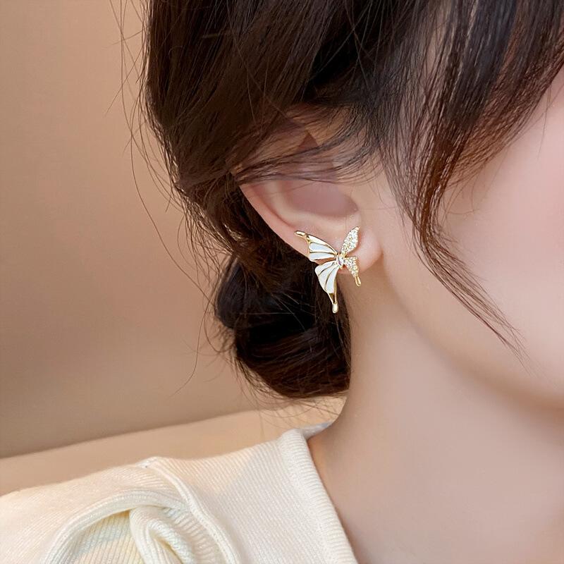 Korean Fashion Zircon Butterfly Stud Earrings for Women Elegant Sweet Metal CZ Wedding Party Jewelry Gifts