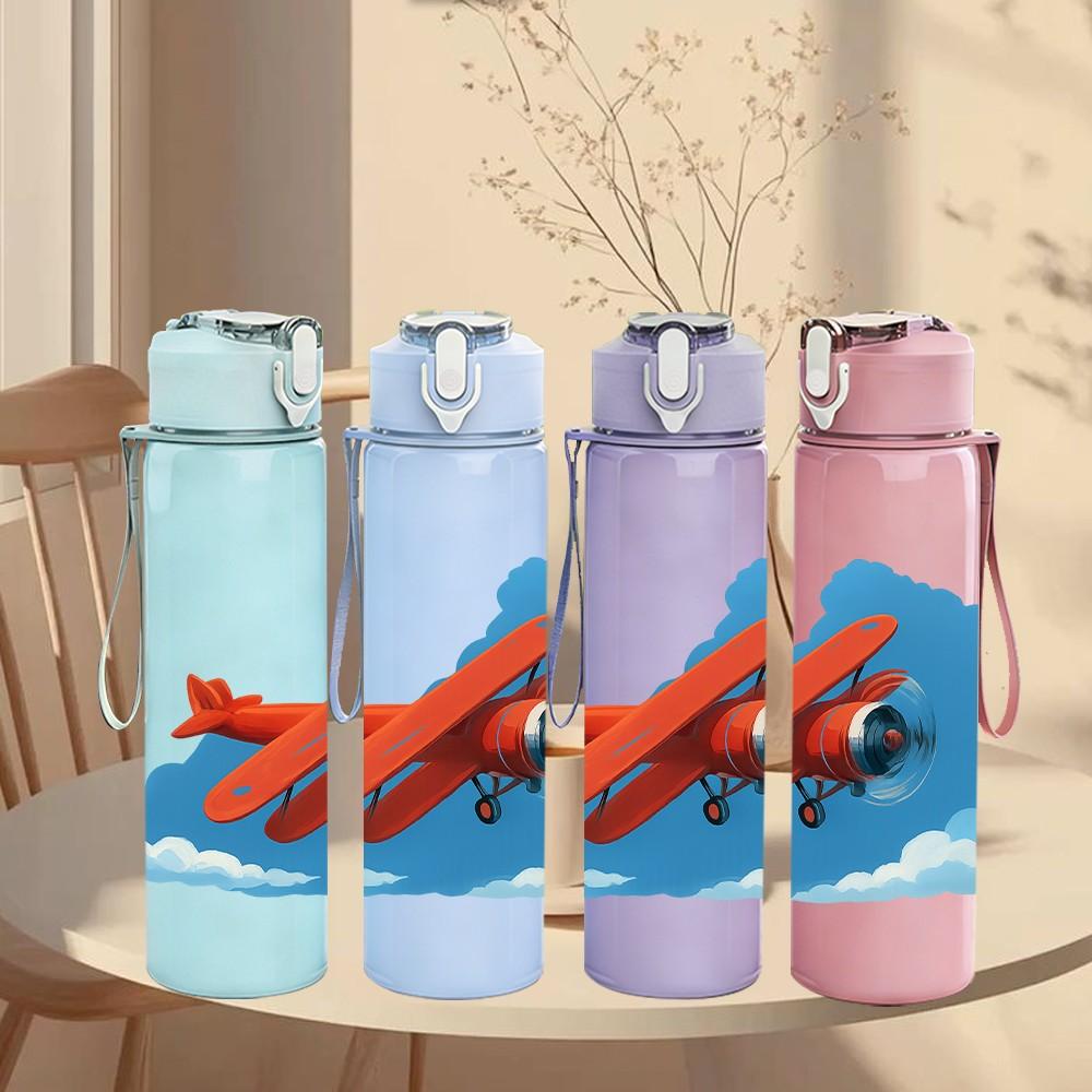 1PC Red Airplane Blue Sky Scene 750ml Color Plastic Sports Water Bottle Leakproof Flip Straw Lid For Sports Office Home Use