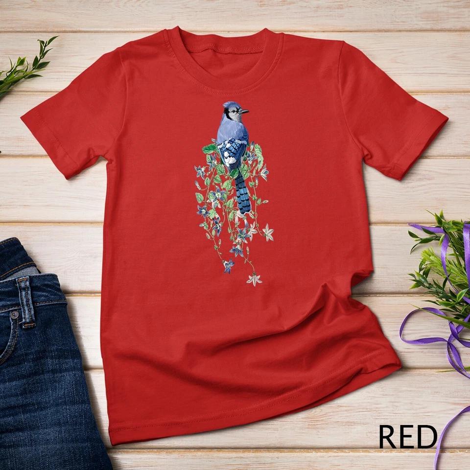 Flowers and Blue Jay Unisex T-shirt 11 S
