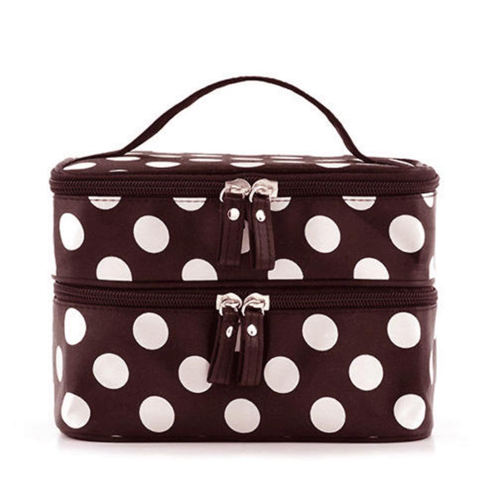 Borsa Trucco Trendy a Doppio Strato Spaziosa Design a Pois Bianchi e Neri Per un Facile Stoccaggio