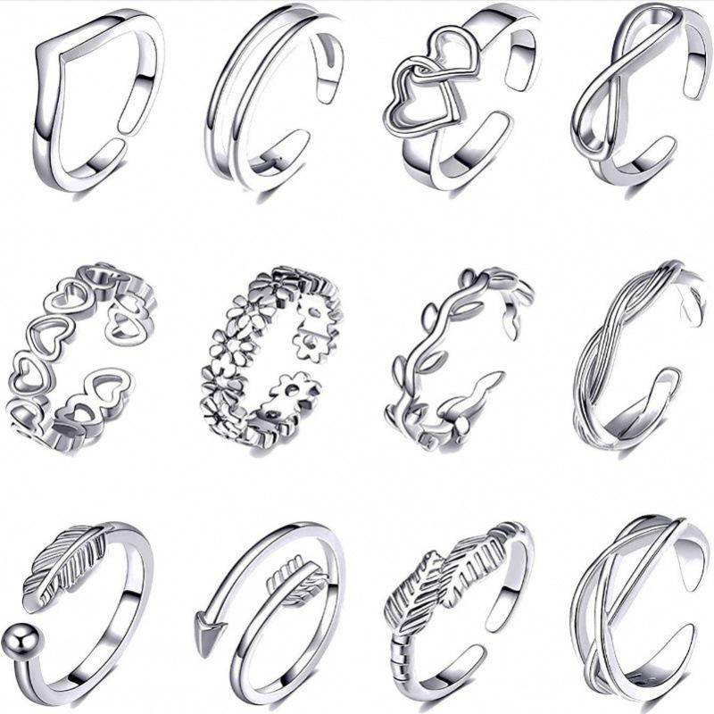 12-Piece Vintage Adjustable Beach Toe and Pinky Rings with Hollow Heart Designs