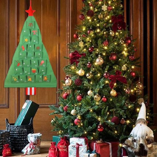 Fabric Christmas Advent Calendar with Pockets 25 Days Christmas Tree Countdown Calendar Wall Door Hanging Bag for Holiday Decoration