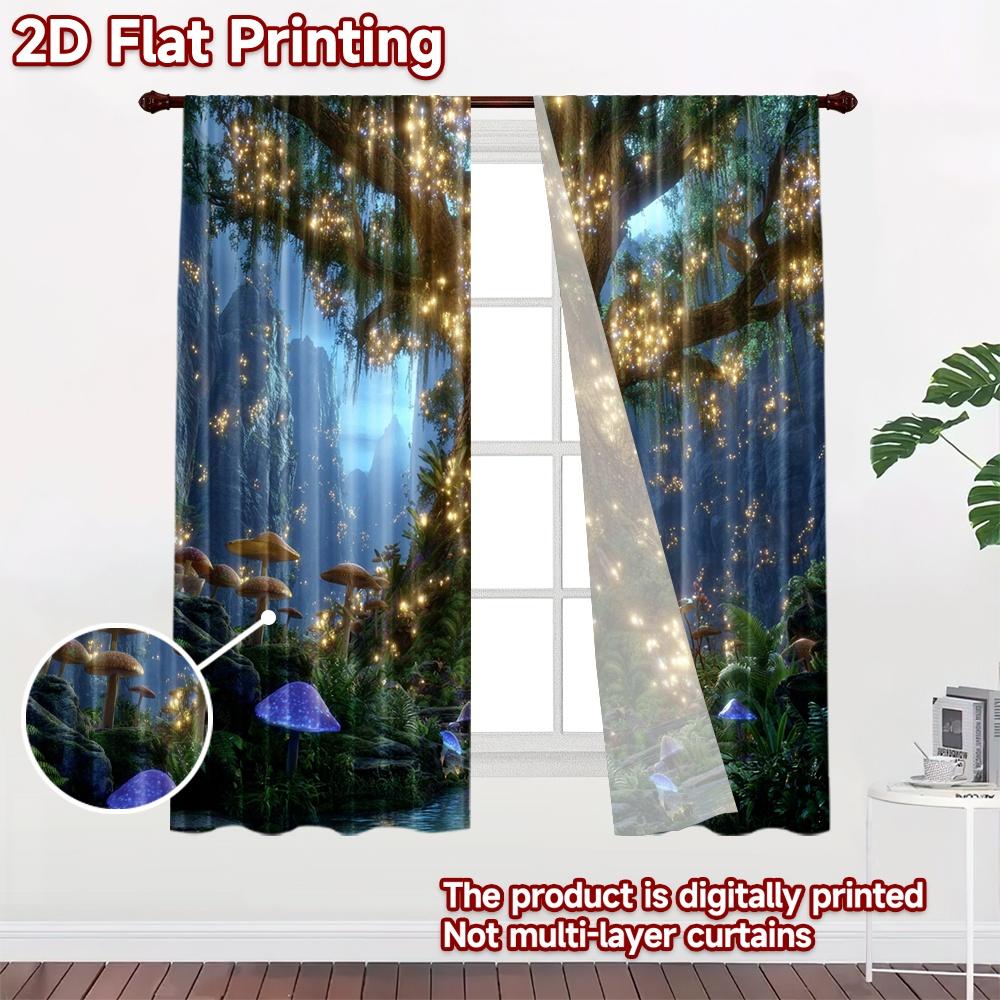 2D flat printing 2pcs Curtain Enchanted Forest Fantasy Creatures River Digital Printed Polyester Drapes Birthday Party Perfect