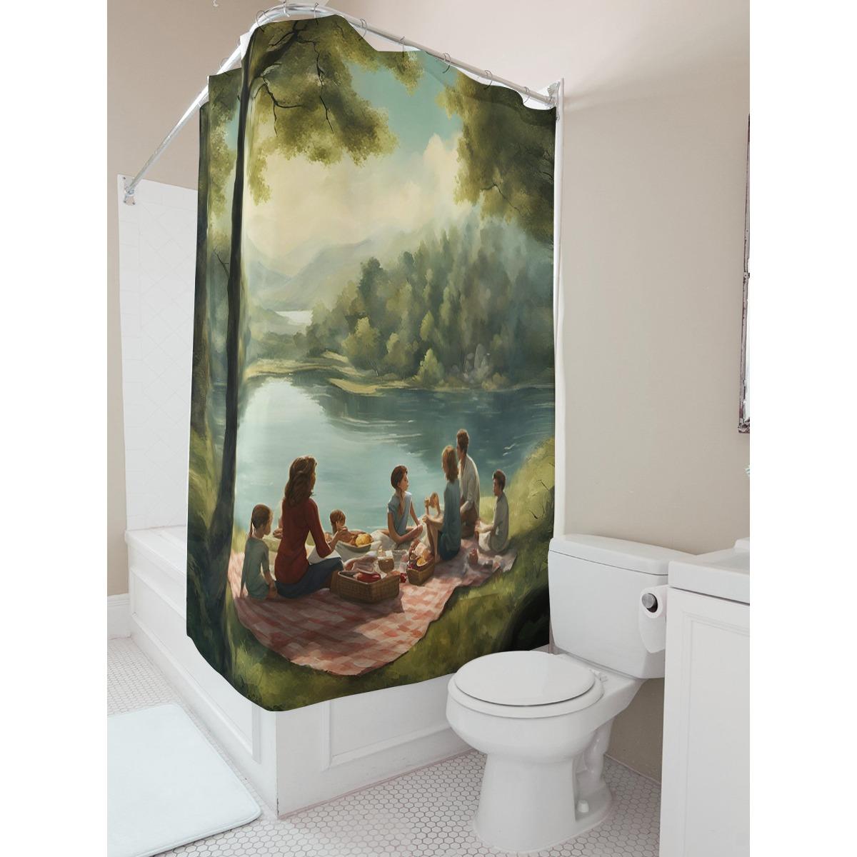 

Family Picnic By The Lake Waterproof Shower Curtain W60H190(CM)-1 Pcs