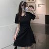 Hepburn style black dress women's summer new small drawstring slim temperament slim short skirt