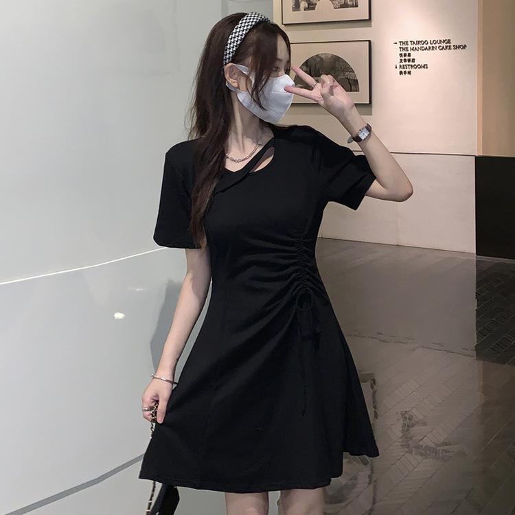 Hepburn style black dress women's summer new small drawstring slim temperament slim short skirt