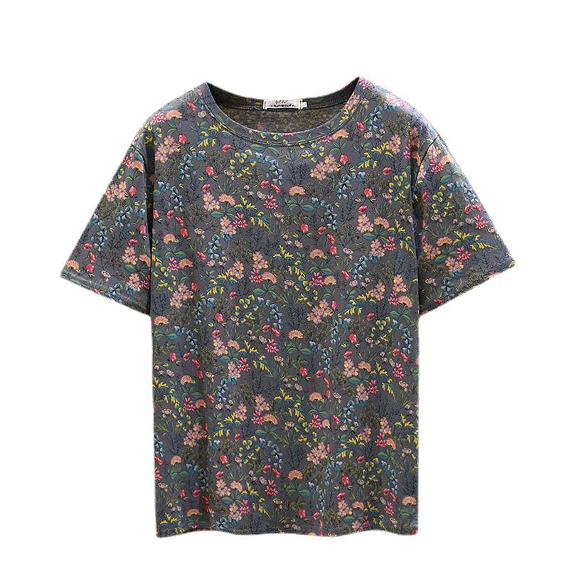 Women's Floral Short-Sleeve T-Shirt - Summer 2023 Slimming Loose Fit, Fashionable Age-Defying Top for Moms