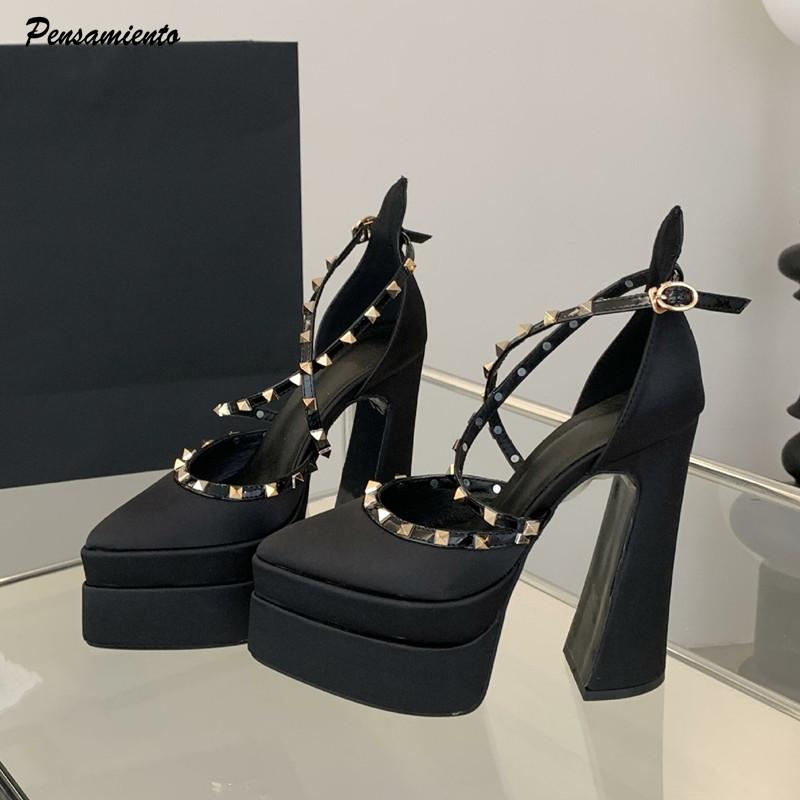 Fashion Laufsteg Stil Mode Nieten Satin Mary Janes Damen Pumps Sexy 15CM Ultra Hohe Absätze Plateau Wedges Frühling Sommer Partyschuhe