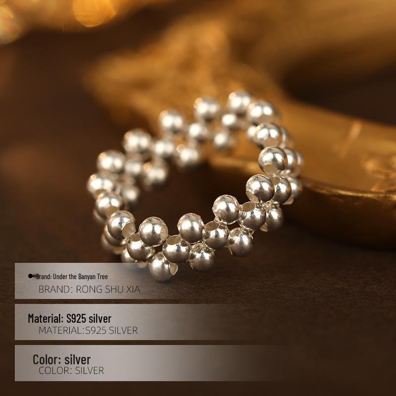 Banyan Tree S925 Silver Handmade Korean Style Elastic Plain Bead Ring for Women