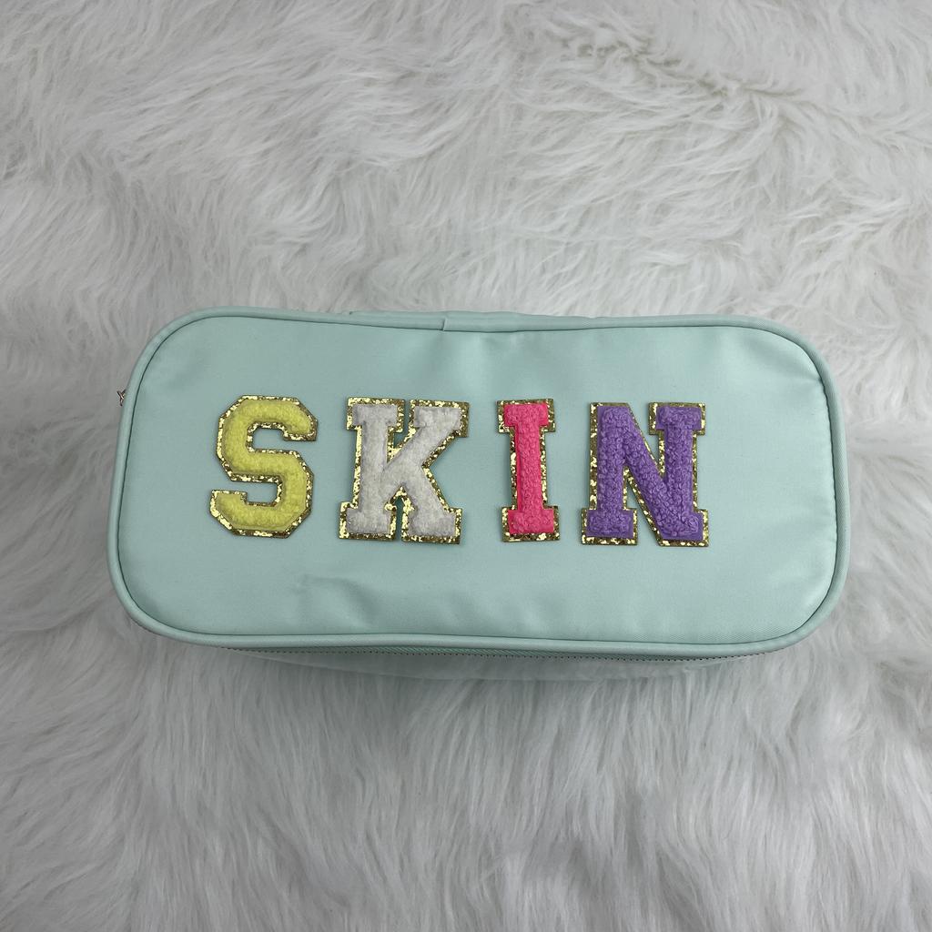 Low MOQ Stock MONOGRAM CLEAR Women Girls COSMETIC BAG CUTE Zip POUCH Make up Bag WITH GLITTER LETTER Decoration