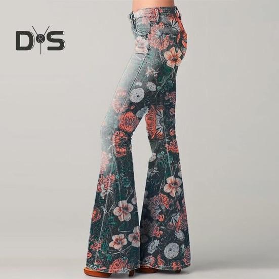 Women Denim Pants High-Waisted Floral Print Flared Jeans with Pockets Belt Ring Lightweight Breathable Jeans