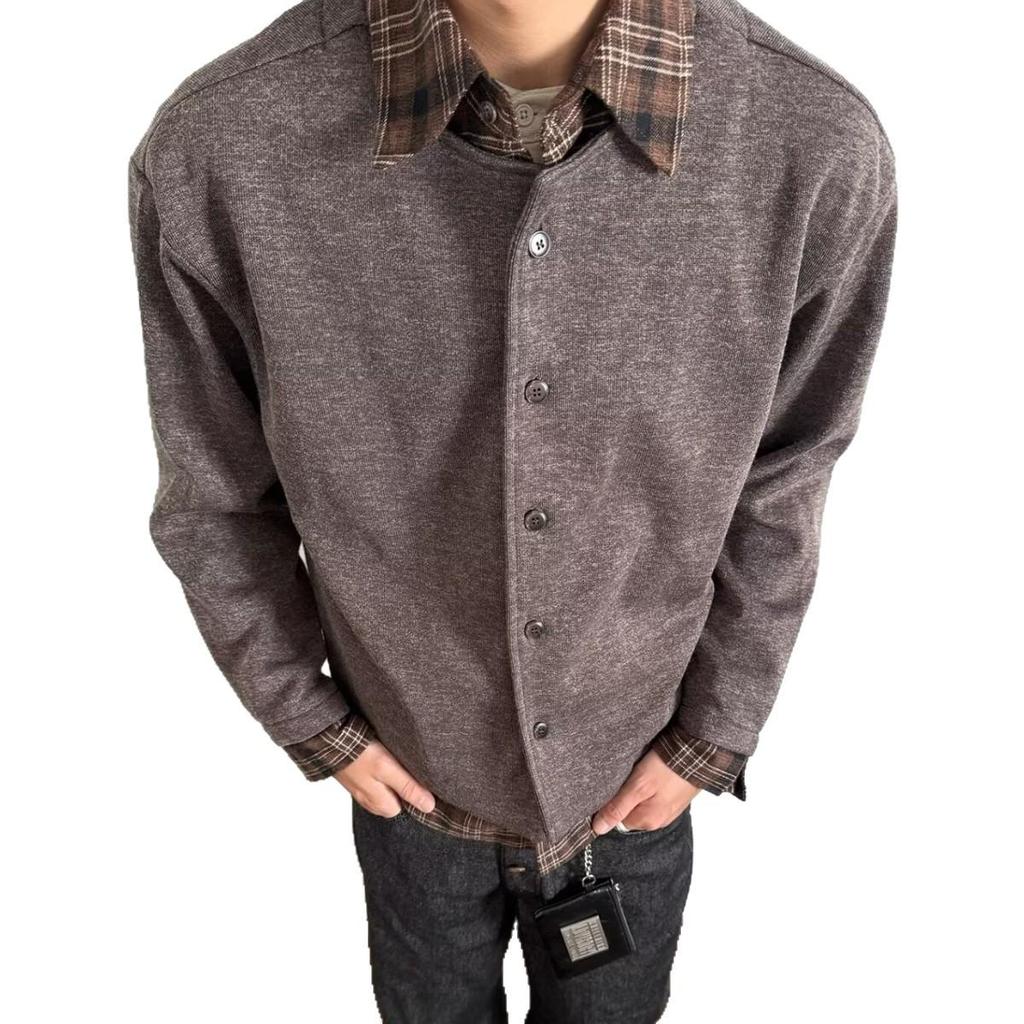 2025 Spring/Autumn Retro Faux Two-Piece Patchwork Knit Cardigan with Shirt Collar