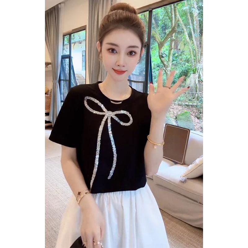Letní dámské streetwear bavlněné s diamanty lemované mašlí střapcem slim tričko dámské topy tričko s krátkým rukávem