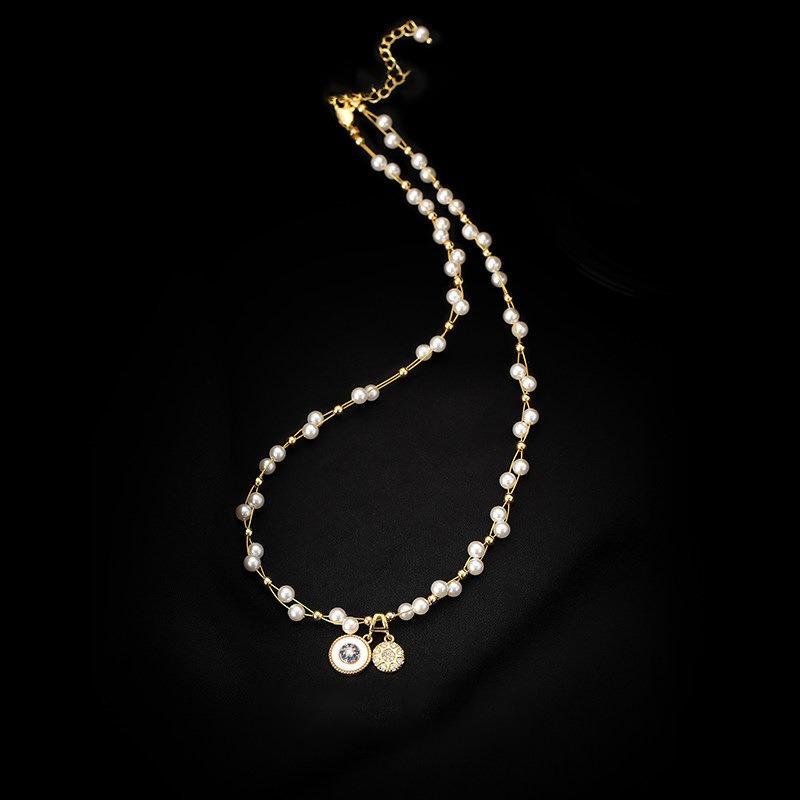 Real Gold Electroplated Zircon Octagram Pearl Necklace Retro Elegance Temperament Versatile Collarbone Chain Light Luxury Niche Jewelry