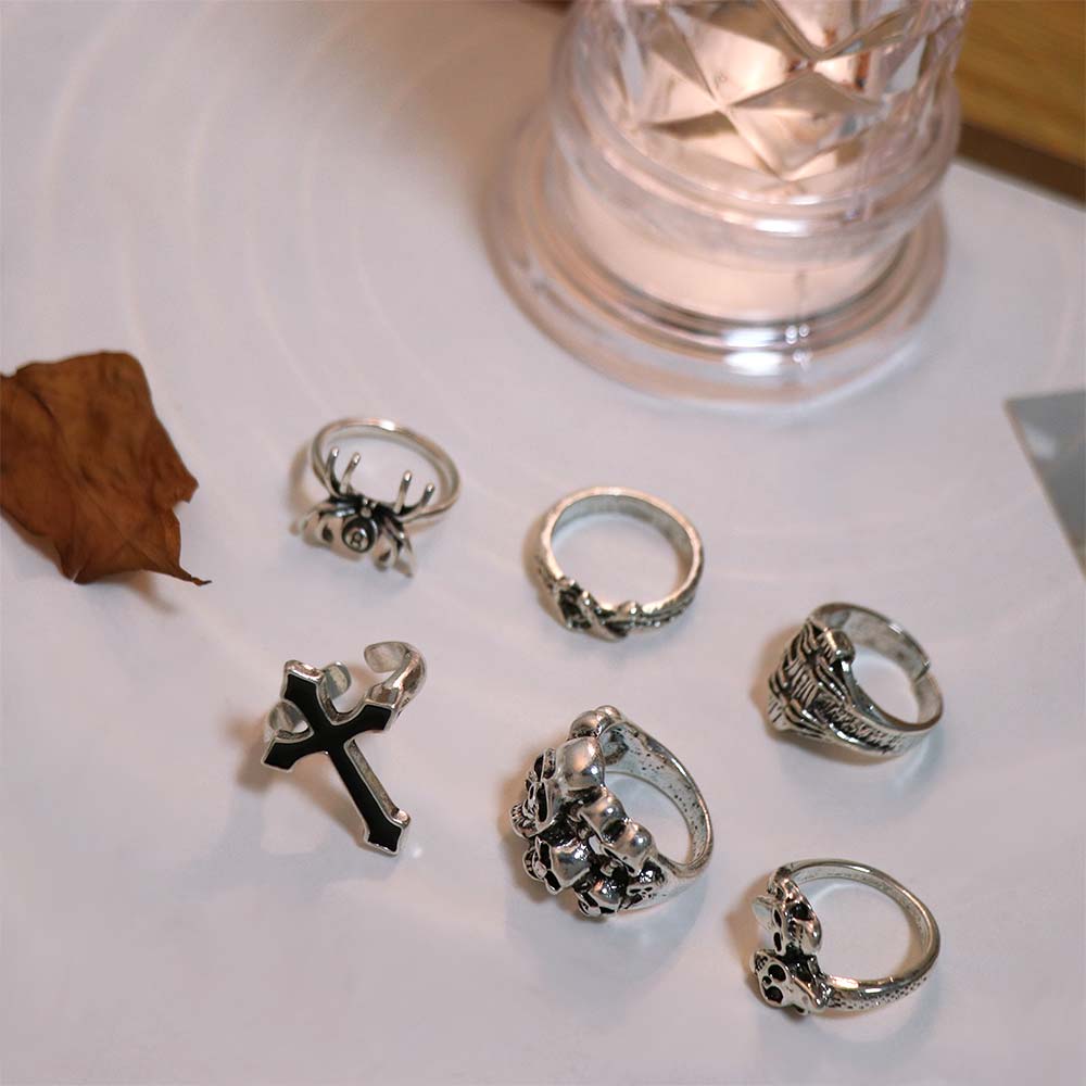 6 Stück/Set Koreanischer Stil Herren Ring Set Punk Skelett Ringe Halloween Ring Set Schmuck Zubehör