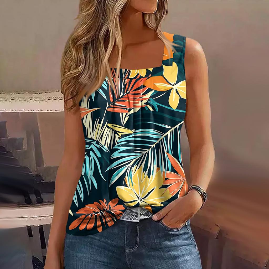 Dámské letní ležérní plisované tílko bez rukávů se čtvercovým výstřihem s potiskem